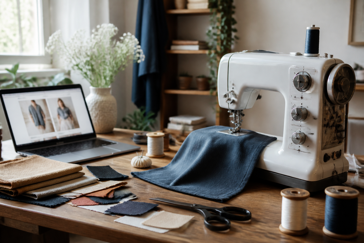 Coin couture avec machine haut de gamme et ordinateur ouvert sur un blog de couture pour s'inspirer