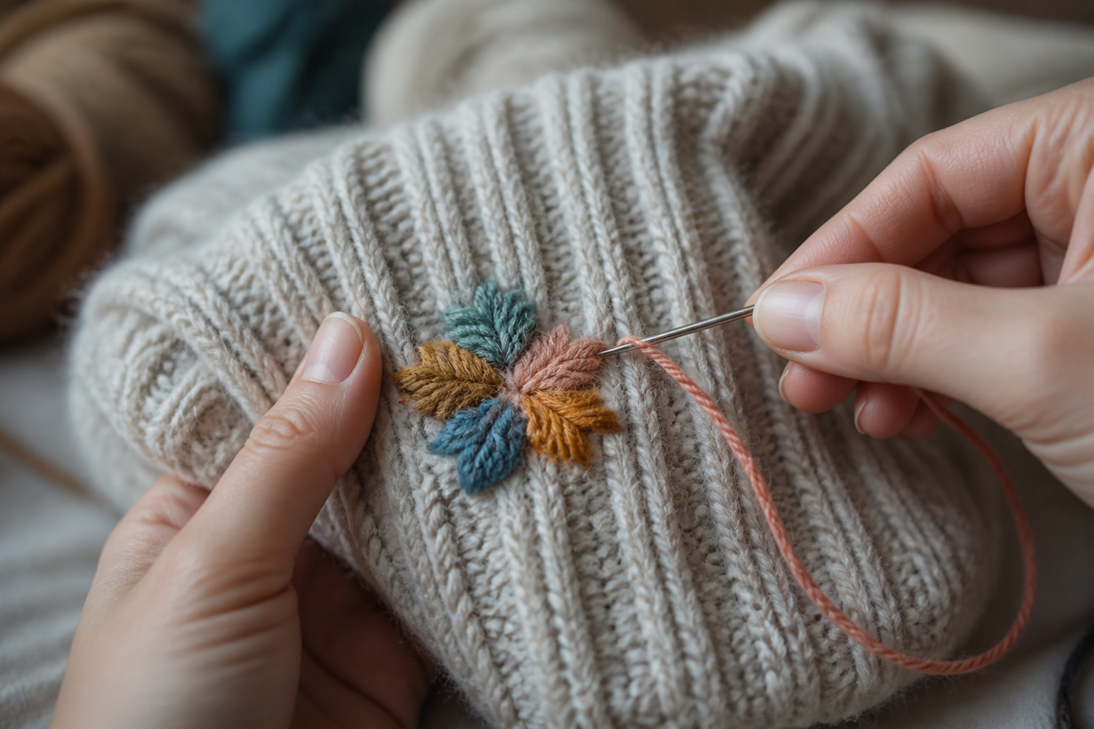 Mains brodant un motif en laine sur un bonnet en tricot épais avec une aiguille à tapisser