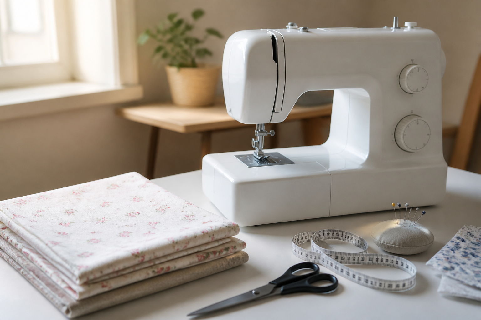 Coin couture de débutant avec machine simple, tissu coton, ciseaux et mètre pour commencer la couture