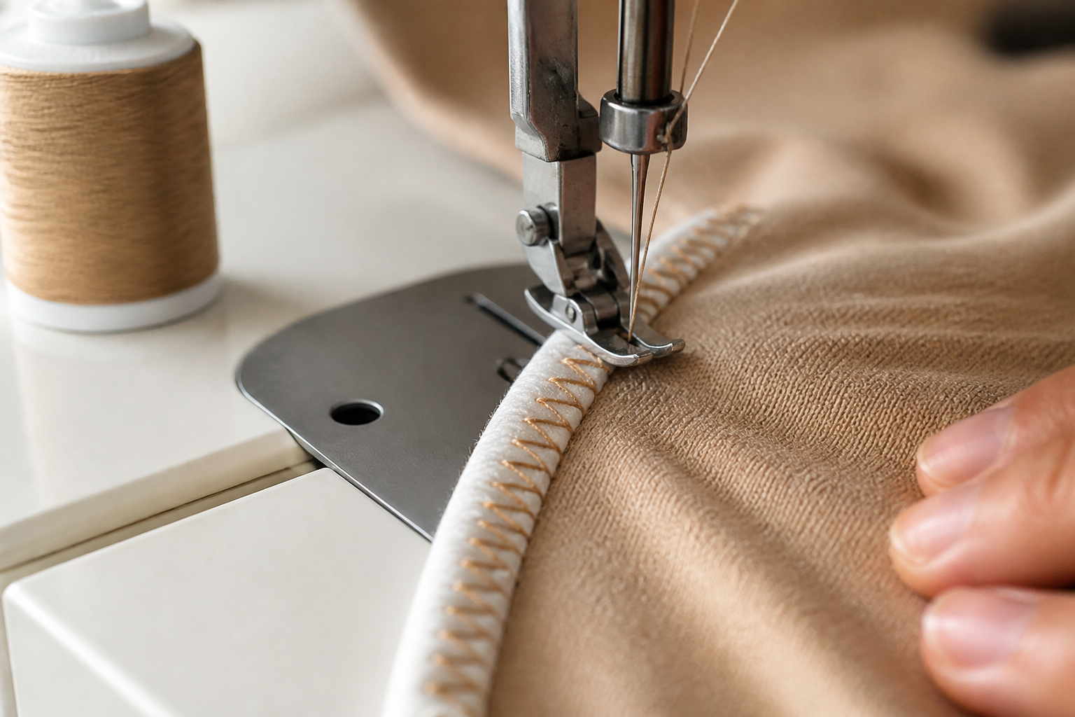 Élastique rond cousu au point zigzag sur un tissu à la machine à coudre