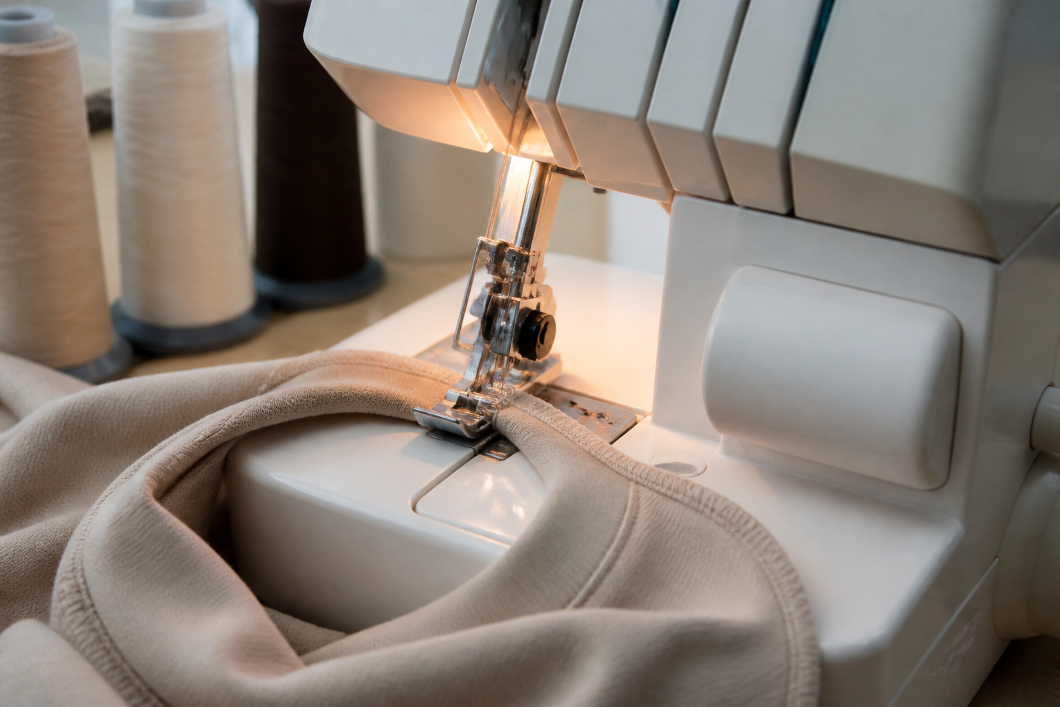 Surjeteuse cousant une encolure ronde en jersey, illustrant la couture en rond