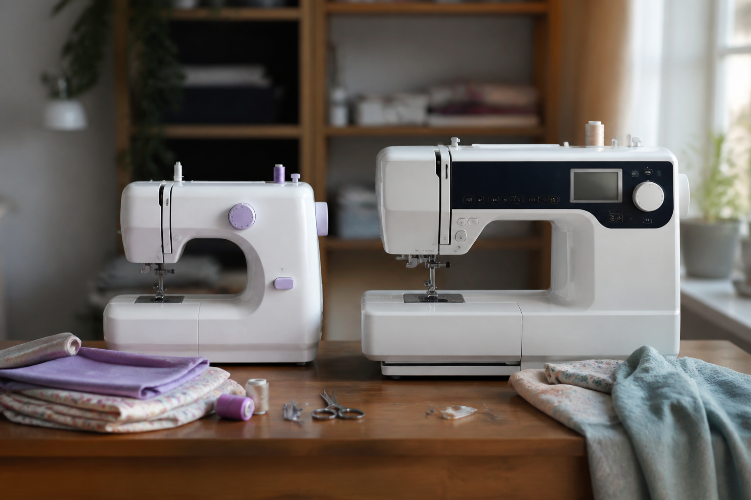 Deux machines à coudre côte à côte illustrant la différence entre Bernette et Bernina
