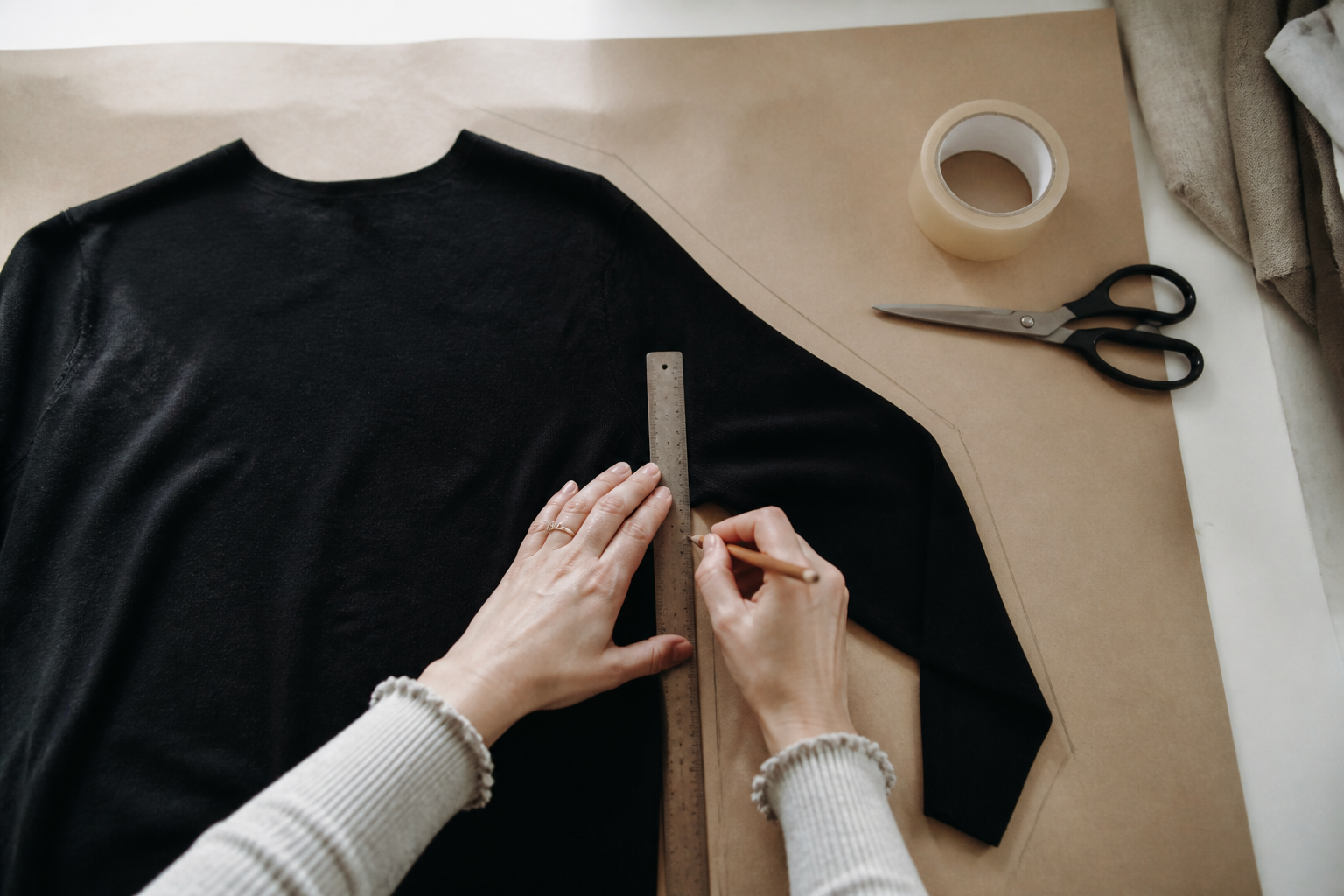 Vêtement décalqué à plat sur du papier pour faire un patron de couture soi-même