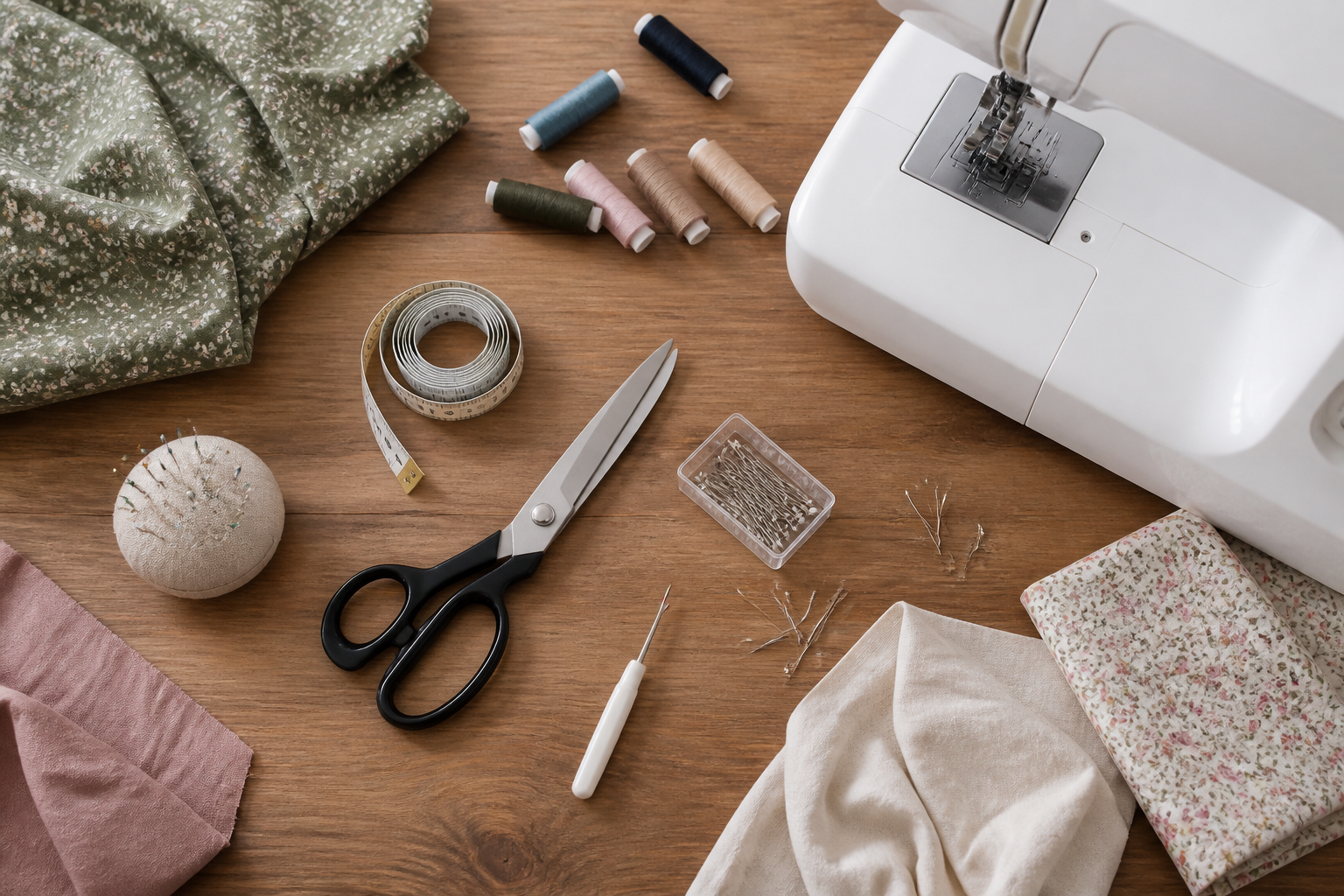 Matériel de couture de base à plat : ciseaux, mètre, épingles, découd-vite, fils et machine