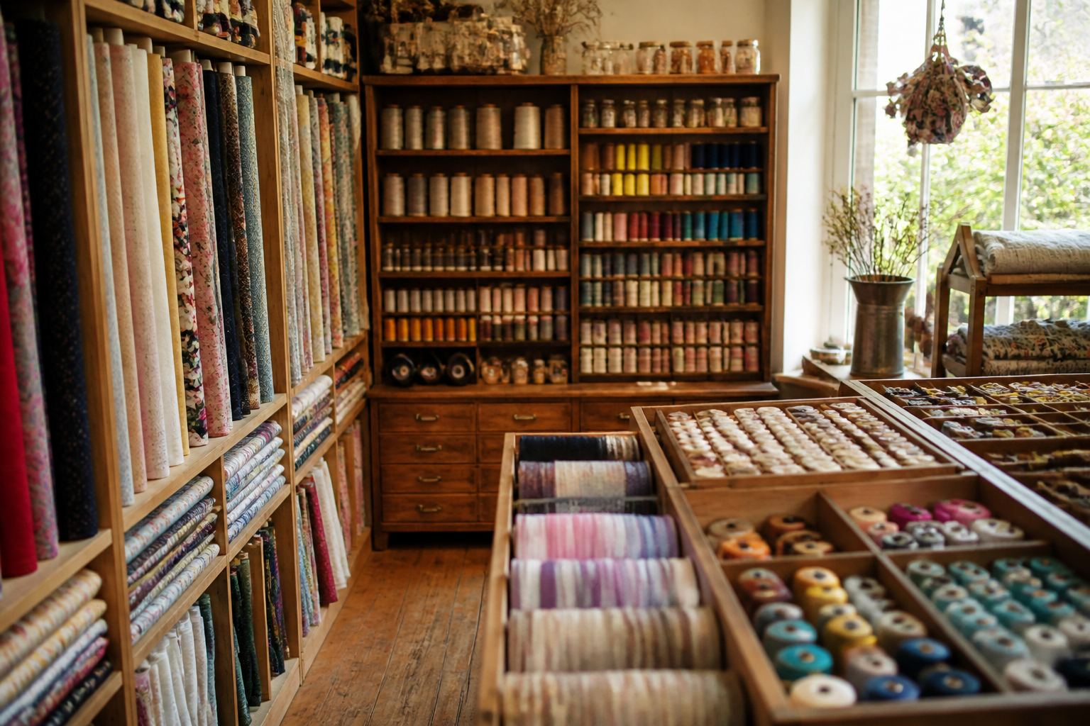Intérieur d'une mercerie avec rouleaux de tissus, fils et boutons pour la couture