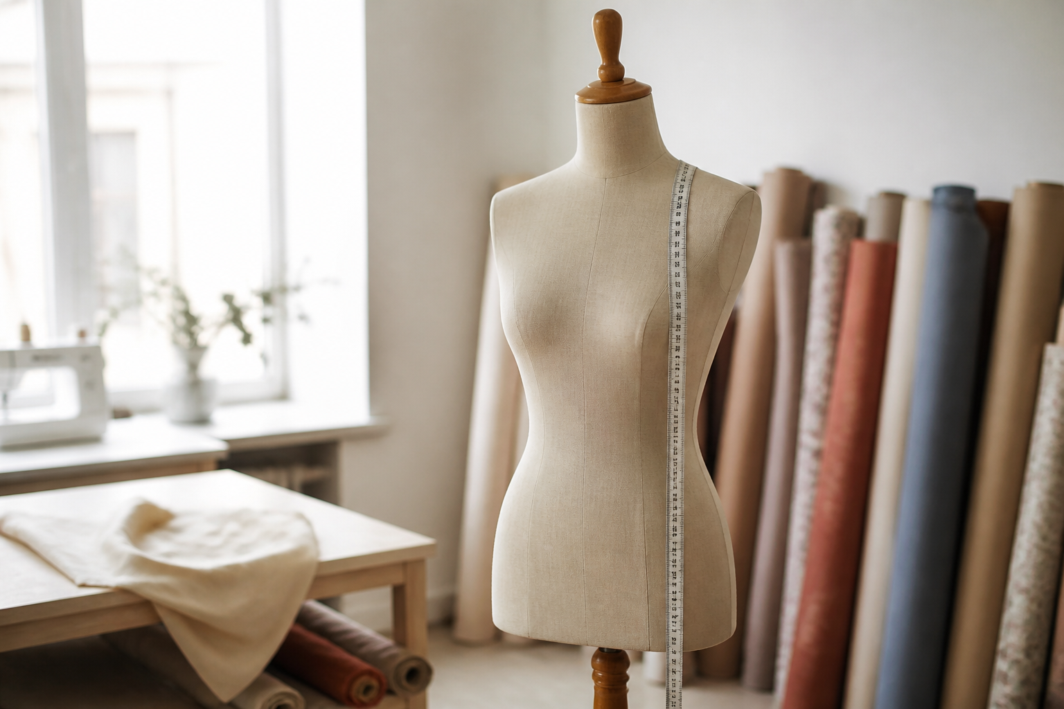 Mannequin de couture Stockman sur pied dans un atelier lumineux avec mètre ruban